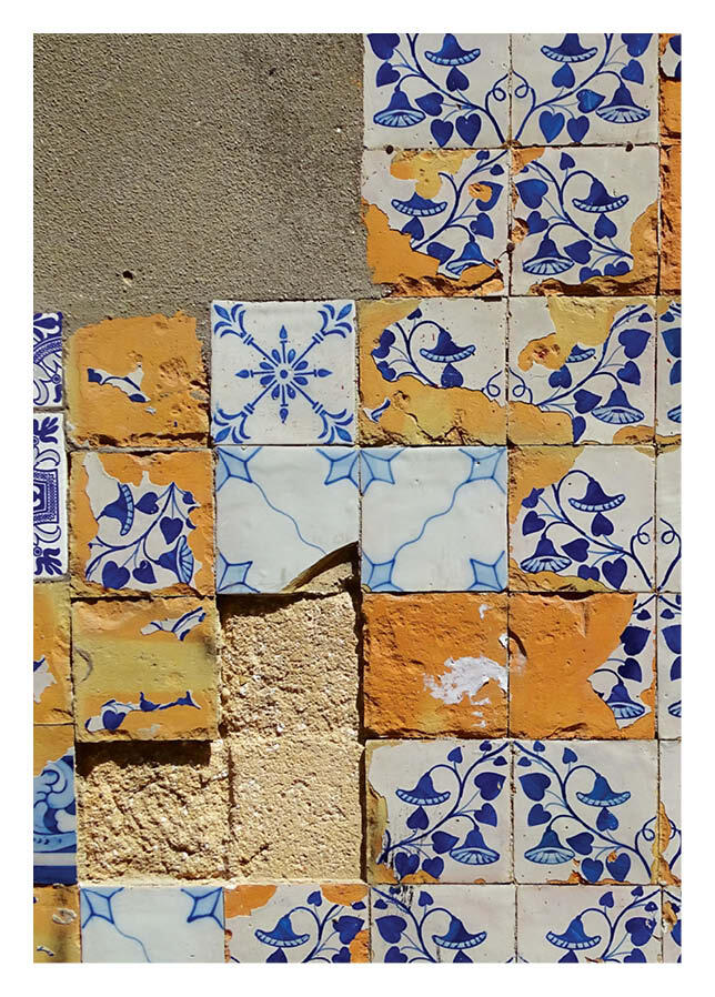 How can the built environment nudge us to remember nature? Trailing flowers tumble across worn, mismatched tiles in orange and blue.